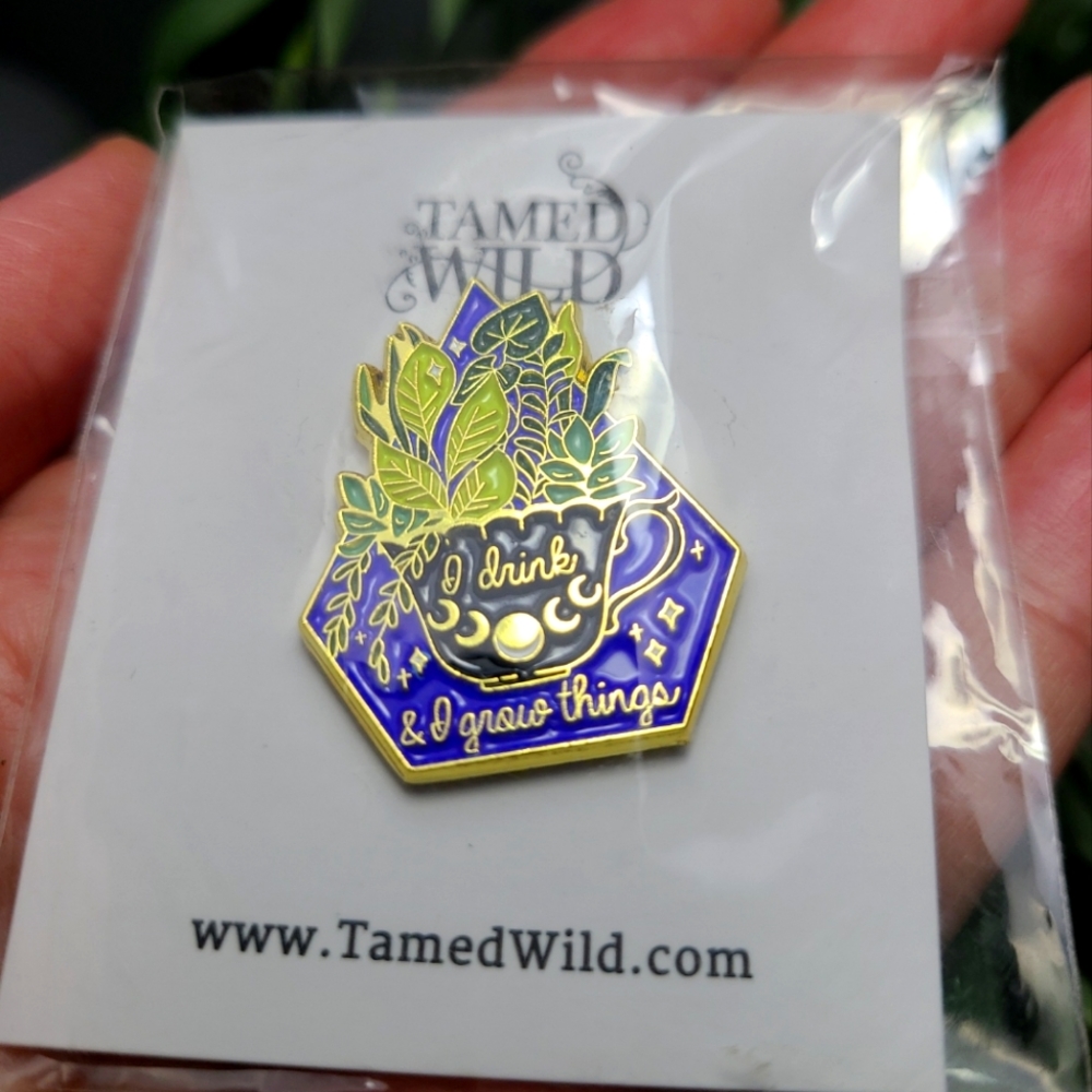 Witchy Plant Lover Enamel Pin. Purple and Gold with Plants and Tea cup.